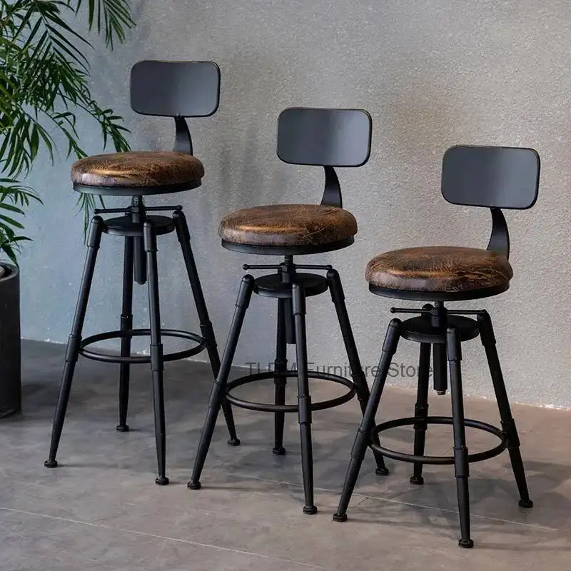 Retro Iron Bar Chair Counter Stools Rotating Lifting Adjust Seating Height 70-90cm Stool Modern Minimalist Backrest Furniture