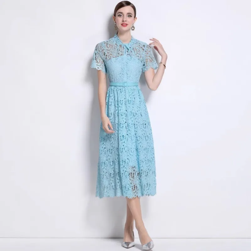 

Luxury Flower Embroidery Lace Long Dress Women Summer Short Sleeve Crochet Hollow Out Prom Evening Party Midi Dresses Female