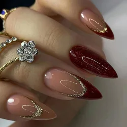 24 Pcs Burgundy Press on Nails with Tools Red French Realistic Simple False Nails New Year Glitter Almonds Medium Long Nail Tips