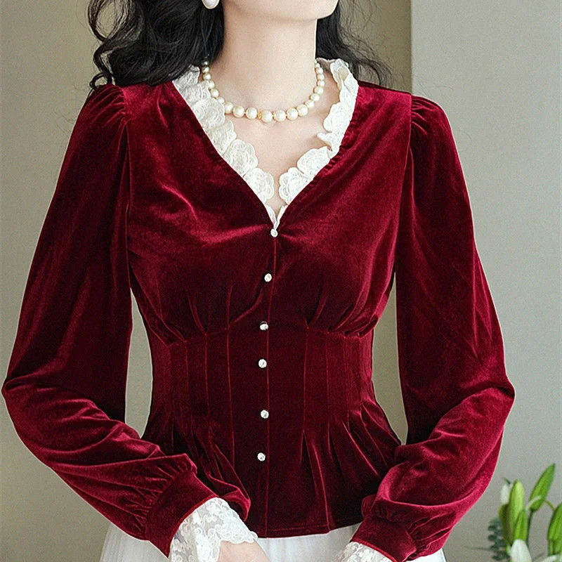 Fall Spring Womens Vintage Ruffles Lantern Sleeve Wine Red Black Velvet Blouse Tops , Woman Slim Lace Patchwork Velour Blouses