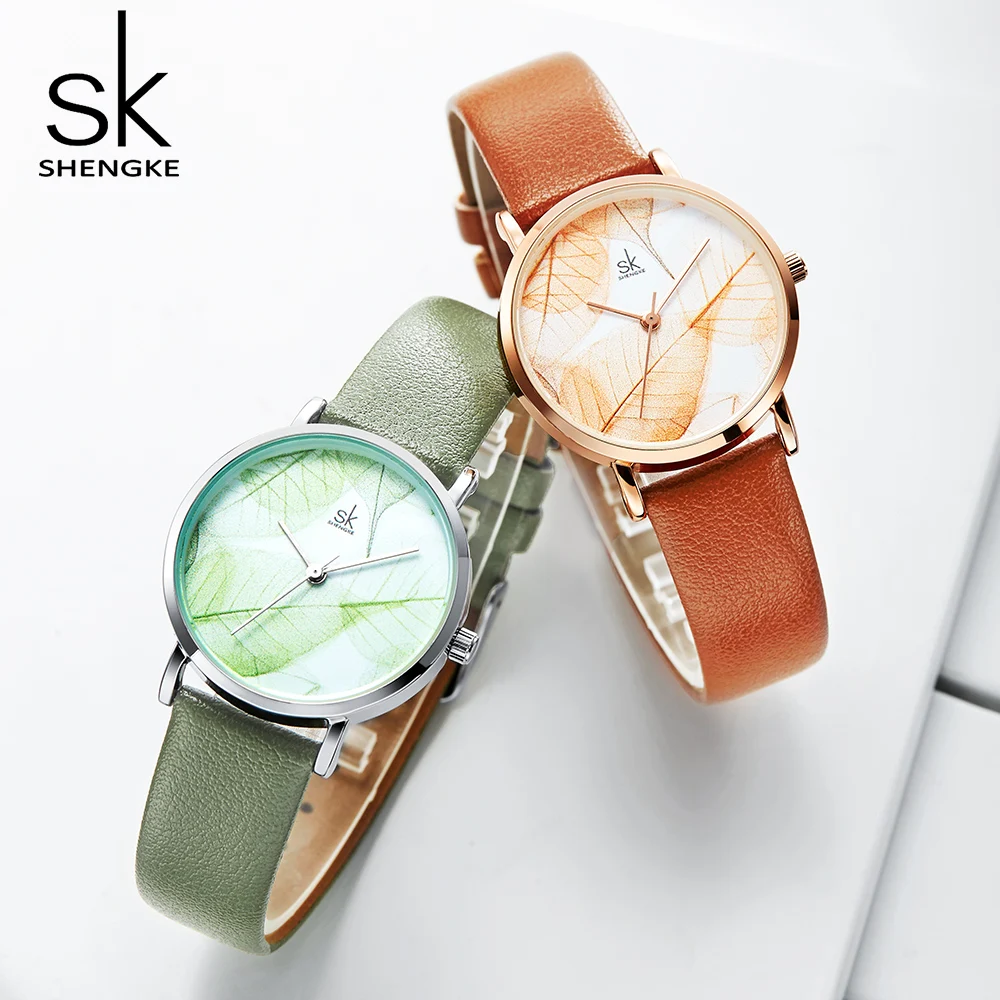 Shengke moda relógio para mulher verão folhas verdes dial relógio feminino pulseira de couro fino quartzo ultra fino caso feminino relógio