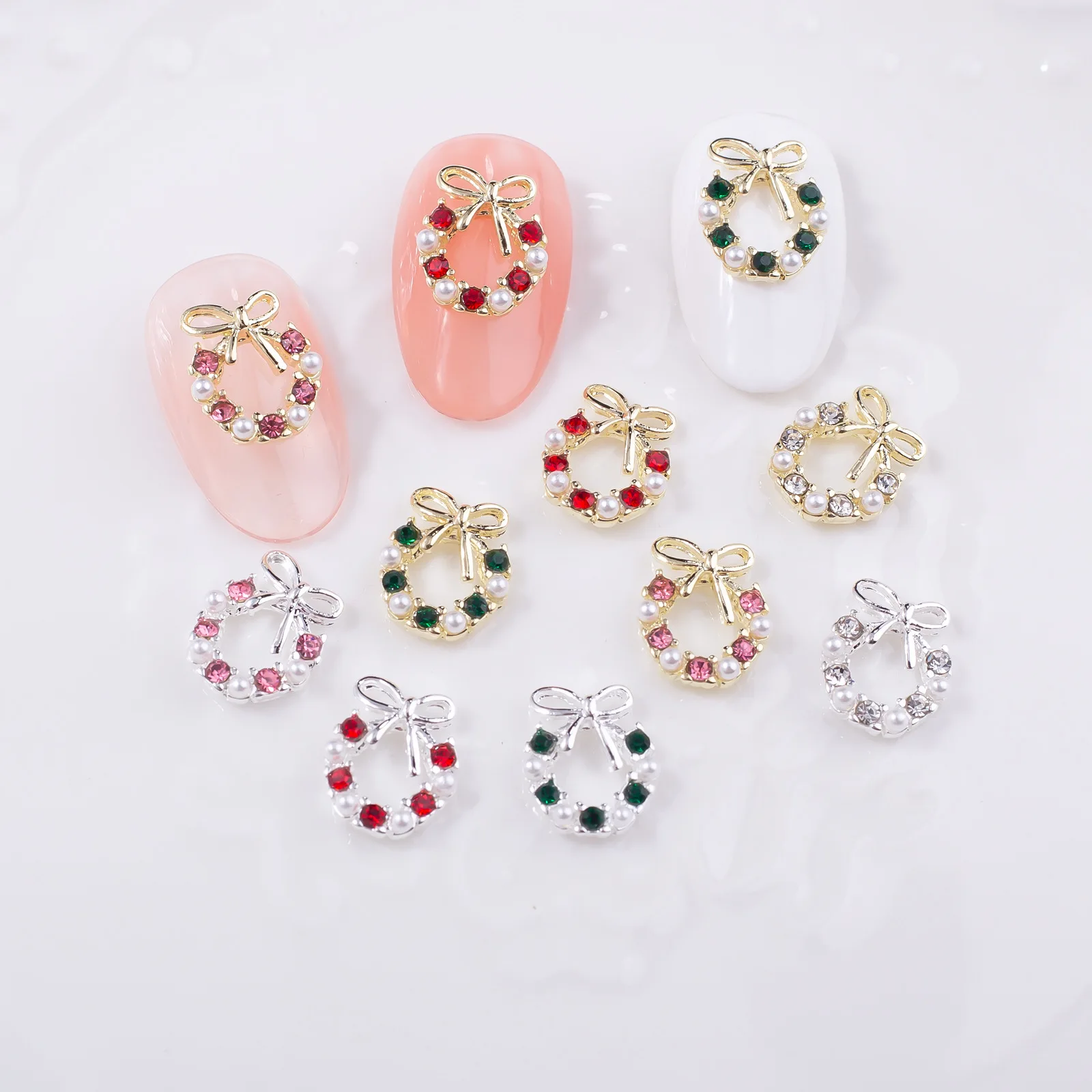 10pcs Trendy Christmas Gem Ornament Wreath Bow Nail Art Jewelry Luxury Charming Alloy High Quality Nail Accessories