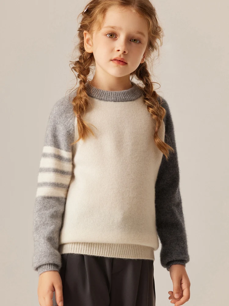 

Children's Cashmere Sweater O-neck Pullover Girls Boys Color-blocked Autumn Winter 100% Cashmere Knitwear Kids Raglan Sleeve Top