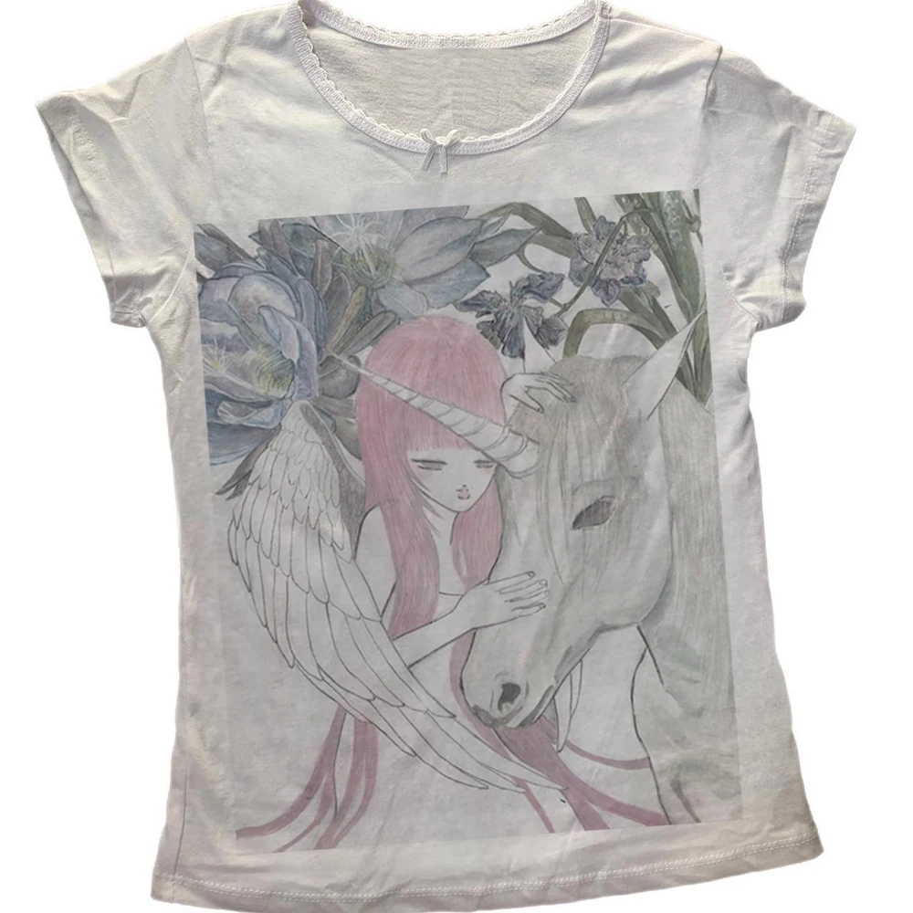 Traumhaftes Engel-Mädchen Einhorn Blumen-Skizzen-Print Damen Langarm-Oberteil Rundhals Slim Fairy Grunge Y2K Harajuku Ästhetisches Figurbetontes T-Shirt – Detail 4