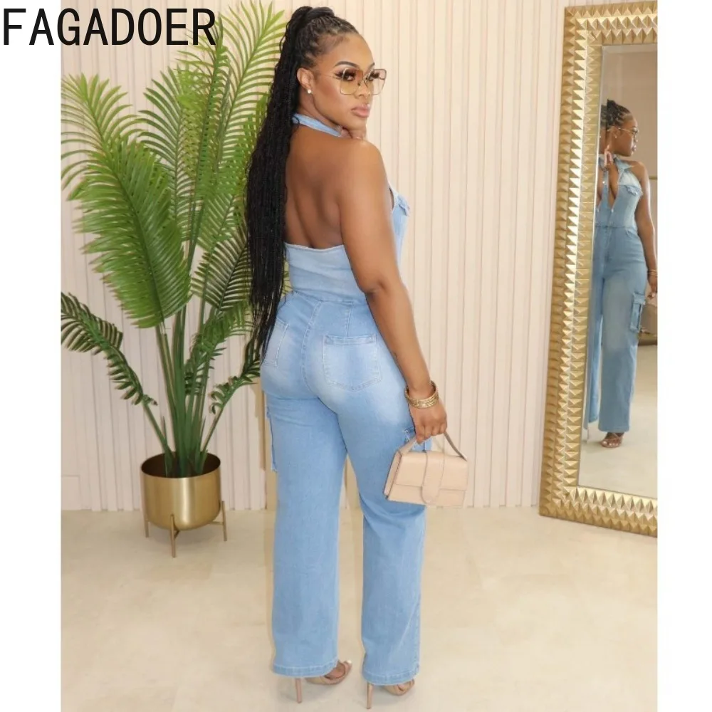 FAGADOER-Macacões jeans retrô com lapela Halter, streetwear de peito único, macacões casuais, streetwear de qualidade, verão, anos 90, moda, 2024