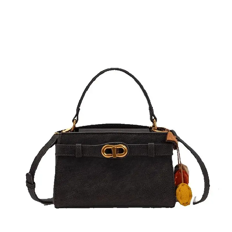 

Disney Mickey Mouse Black Kelly Bag Vintage Suede Leather Handbag Women's Single Shoulder Crossbody Bag with Cute Pendant