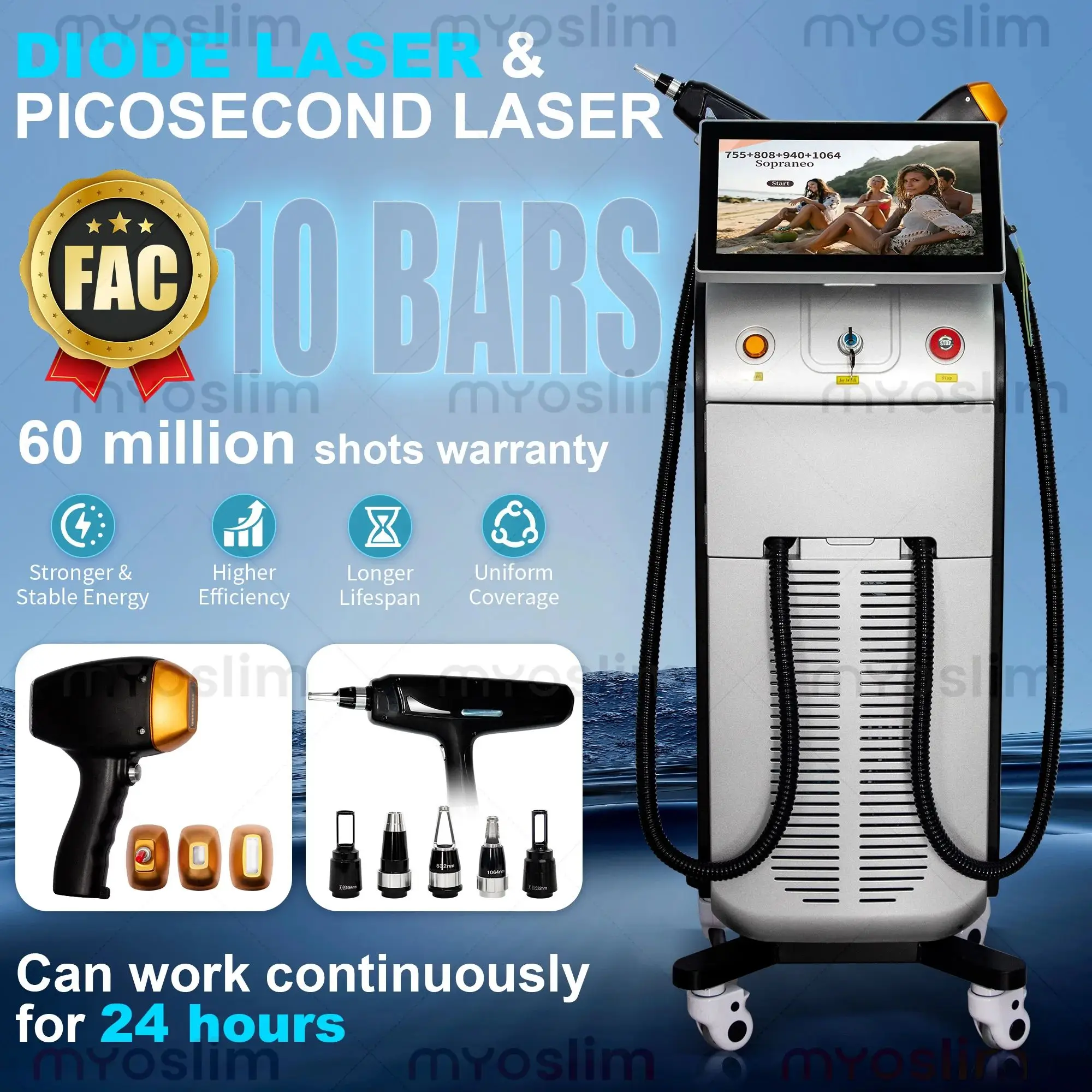 Diode Ice Titanium  FAC 5000W 12Bars 4 Waves 755/808/940/1064NM Soprano Portable Body Hair Removal Skin Rejuvenation