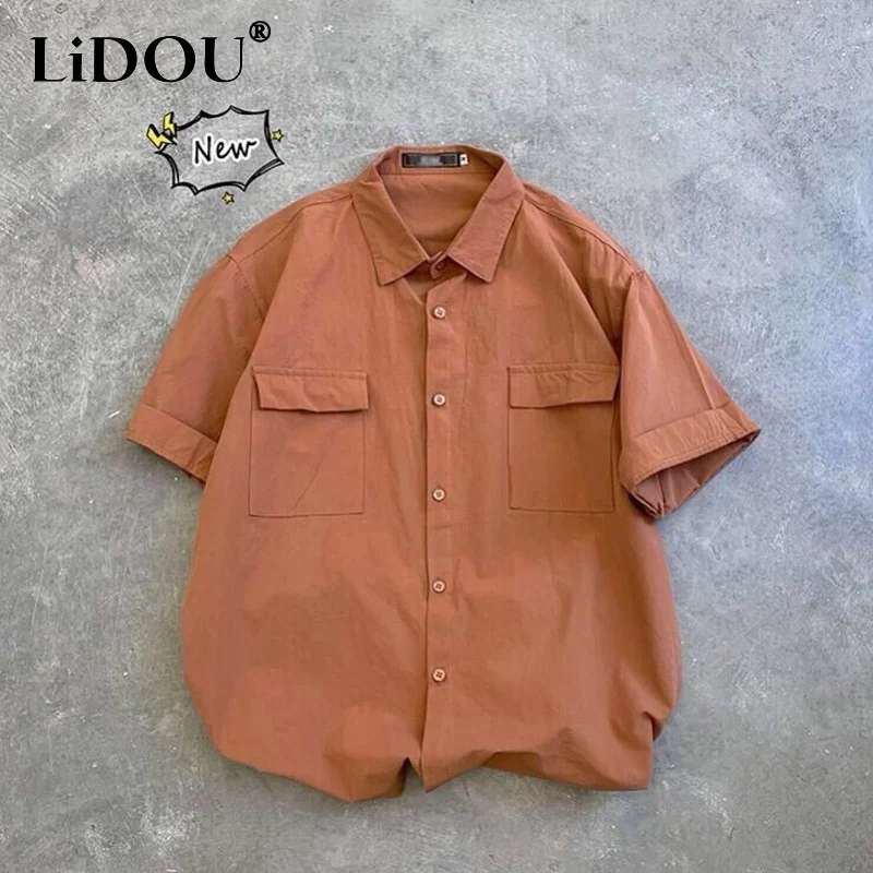 2023 Summer New Solid Color Turn-down Collar Short Sleeve Pockets Shirt Man Korean Style Fashion Single Breasted Thin Style Tops