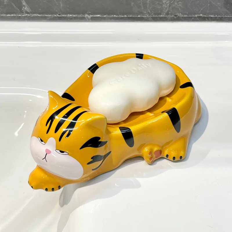 Orange/Gray Cartoon Cute Cat Bathroom Soap Holder with Drain Water Ceramic Soap Box Storage Case Container Bathroom Accessories