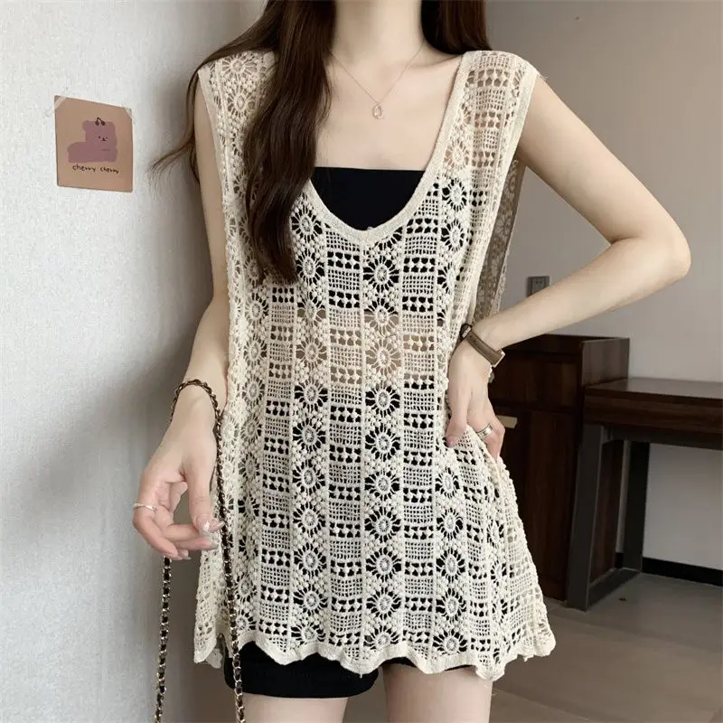 Summer Retro Hollowed Out Women\'s 2024 Patchwork Pullover V-neck Fashion Solid Color Loose Casual Sleeveless Knitted Vest Tops