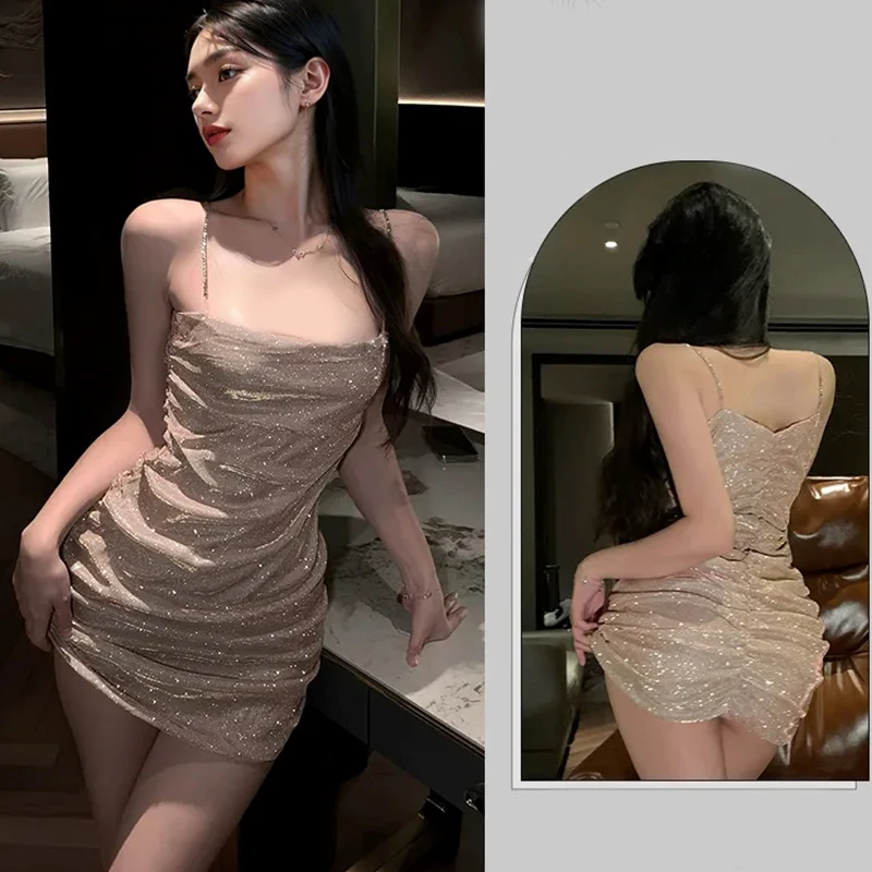 

Sexy Lingerie Women Shiny Sleeveless Party Club Wrapped Sling Dress Nightdress