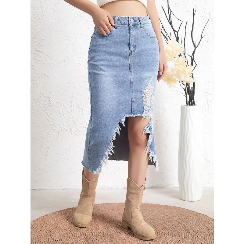 Ripped Destroyed Denim Skirts Women High Waist Slim Fit Bodycon Hips Pencil Long Skirt Elegant Plus Size S-5XL Faldas Mujer Moda