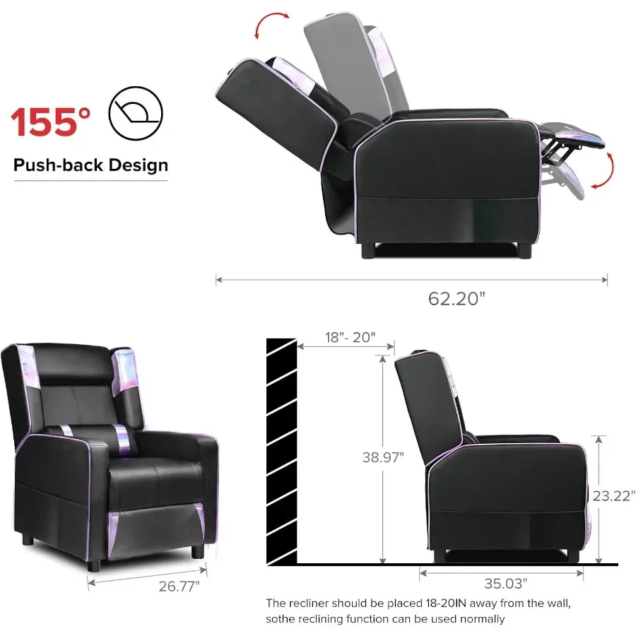 Gaming Recliner Chair for Living Room: PU Leather, Black Purple, Racing Style, Ergonomic Comfort, Modern Home Theater Seating