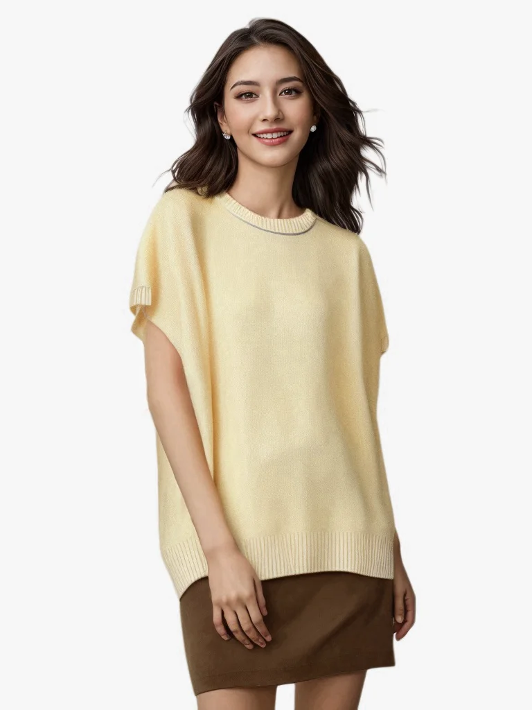 YG Summer new 100% Linen Knitwear Crewneck Khaki Design Shoulder Cover Sleeve Loose Elegant Stylish Temperament Women's Sweater