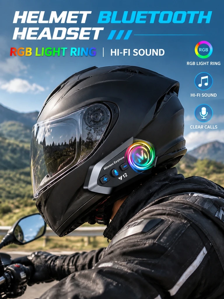 BT5.4 Motorcycle Helmet Bluetooth Intercom 500M Talk Distance 1000mAh Battery RGB Light Voice Assistant Music Share Wireless