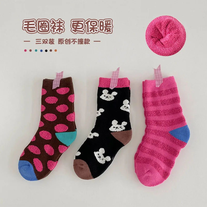 Thicken Children Socks 2023 Winter Thickened Velvet Warm Stripe Polka Dot Plush Socks Cotton Cute Boys Girls Socks