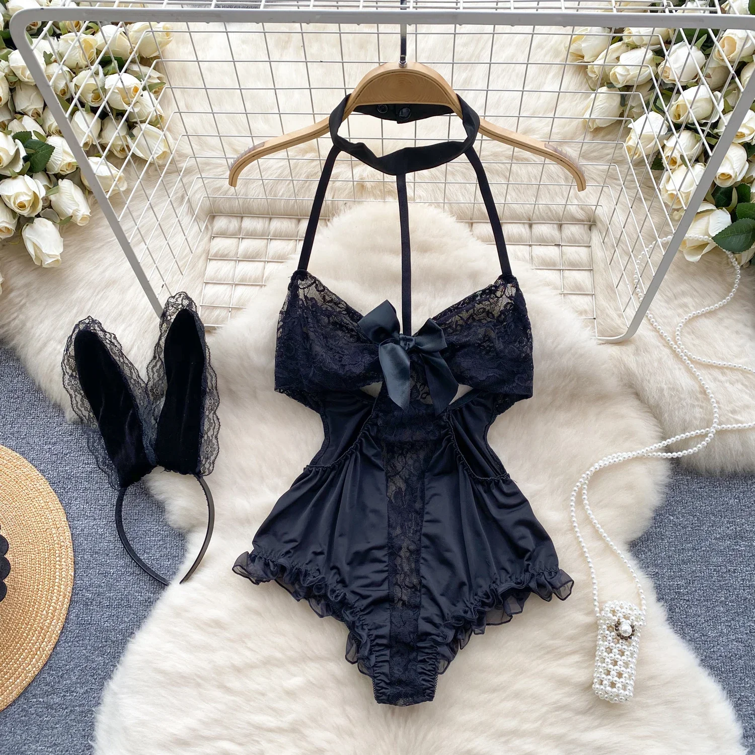 Female Women Sexy Halter Lace Bodysuits Erotic Nightwear Tight Backless Onesie One Piece Combination Rompers Lingerie Black Bow