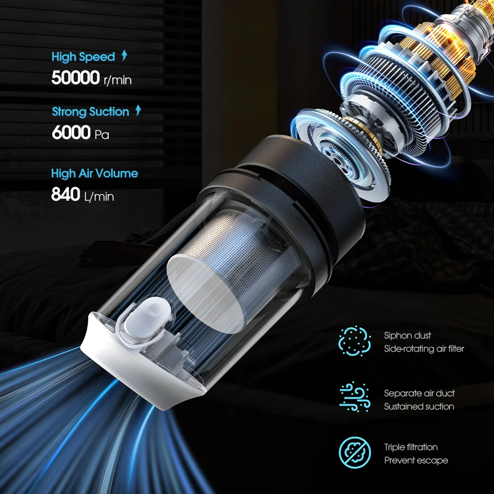 مكنسة كهربائية محمولة باليد من كارسون - شفط قوي 6000 باسكال، مكنسة كهربائية محمولة خفيفة الوزن بقدرة 90 وات للسيارة المنزلية، شحن من النوع C #2