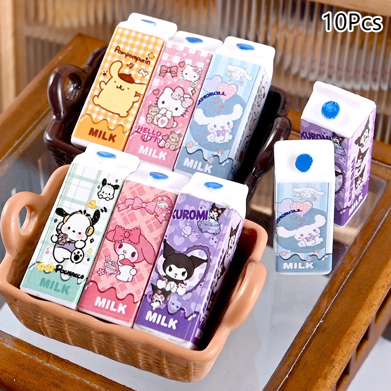 10PCS 1:12 Dollhouse Miniature Sanrio Milk Bottle Hello Kitty Kuromi Milk Box Kitchen Model Decor Toy Doll House Accessories