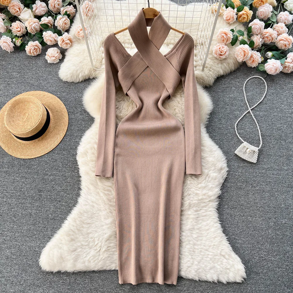 Chic Sexy Criss-cross Halter Elegant Pencil Dress Fashion Slim Knit Long Sleeve Birthday Party Vestidos Women Autumn Winter Robe