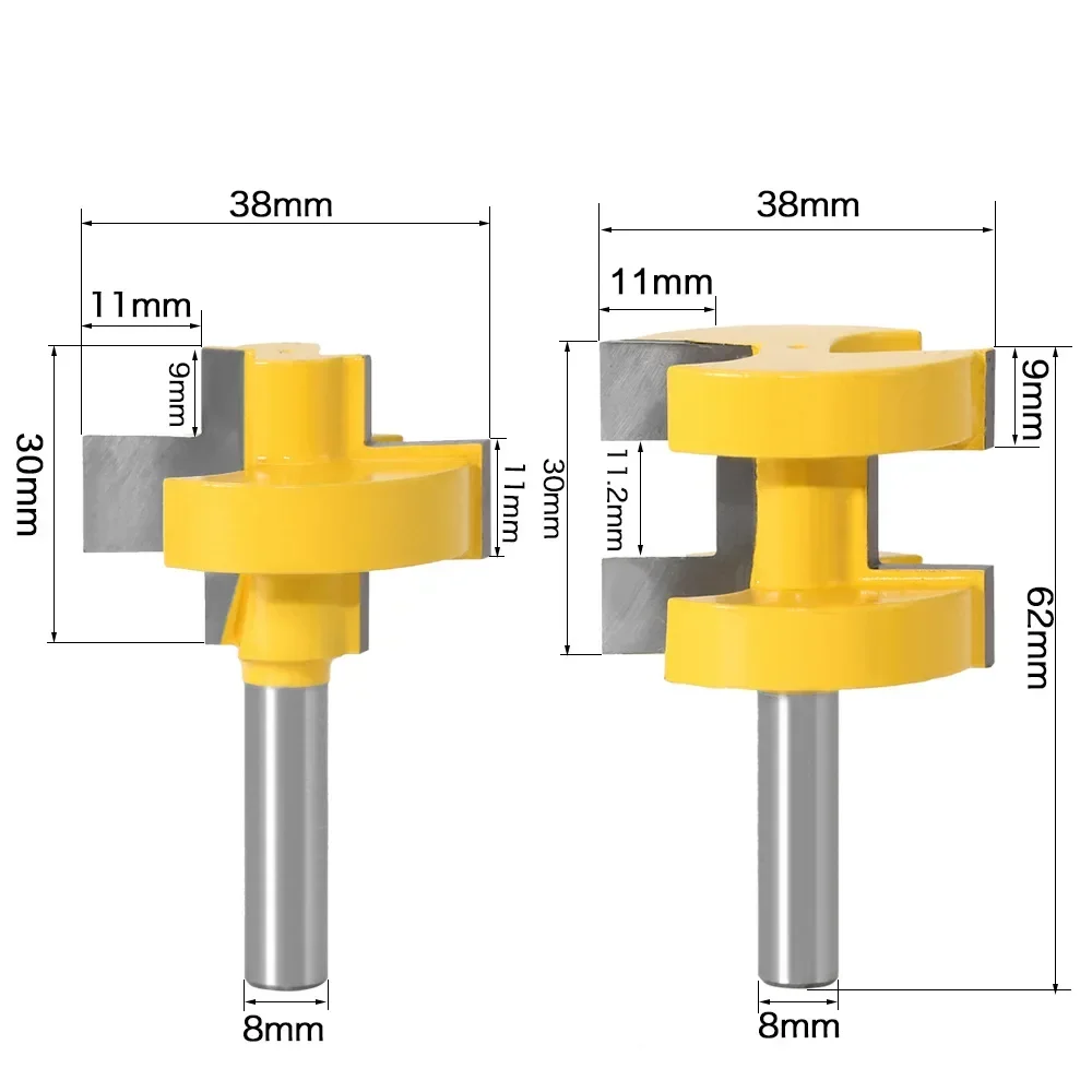 Fraise à tige en bois carquée, fente en T, dent carrée, mèche à tenon, mèches de routeur carrées pour le travail de calcul, 8mm, 2 pièces par ensemble