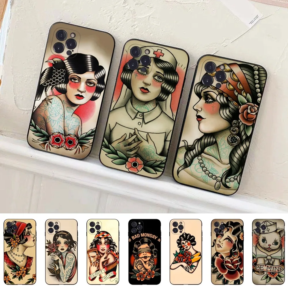 Old School Tattoo Phone Case Silicone Soft for iphone 15 14 13 12 11 Pro Mini XS MAX 8 7 6 Plus X XS XR Cover