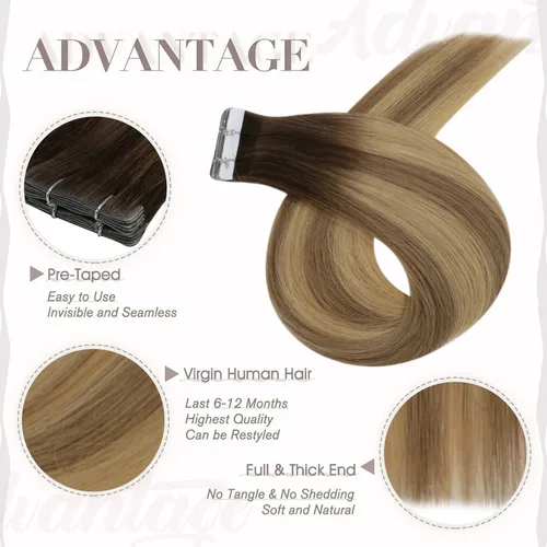 Imagen 2 del producto Cinta de inyección virgen de brillo completo en extensiones de cabello humano, cinta Invisible atada a mano en extensión de cabello, adhesivo Natural de cabello humano