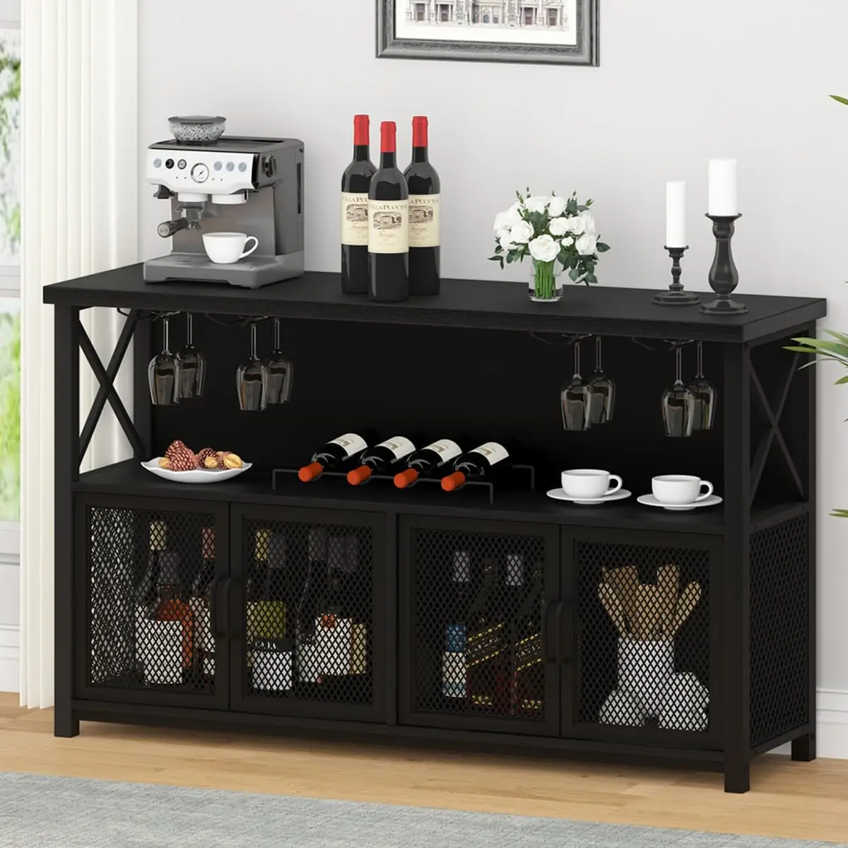 

Black Coffee Bar Cabinet, Modern Liquor Cabinet for Liquor and Glasses, Kitchen Sideboard Buffet Cabinet with Wine Rack Storage