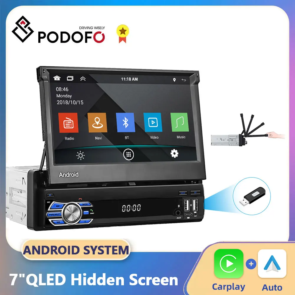 

Podofo 1 Din Android Auto Universal Car Radio 7"QLED Hidden Screen Multimedia Player Stereo GPS Carplay 1din FM Audio