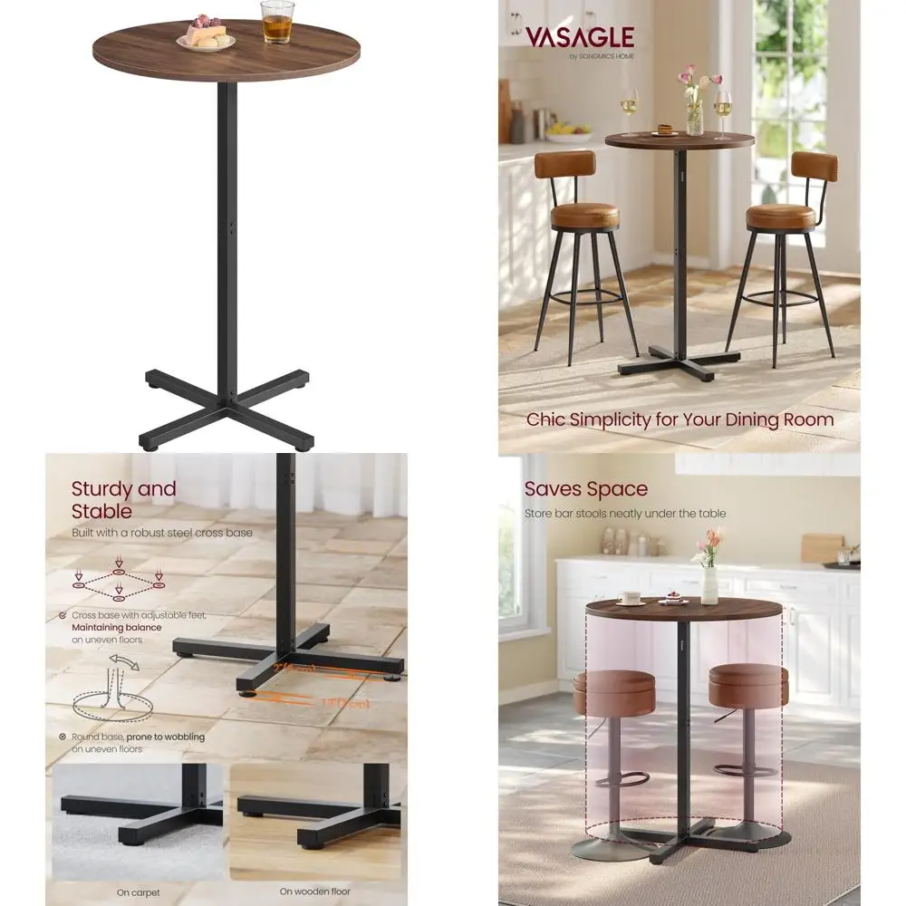 VASAGLE Mesa de cóctel redonda, mesa de pub de bar superior alta con estructura de metal y base cruzada, para 2-3 personas, moderna, fácil de montar,