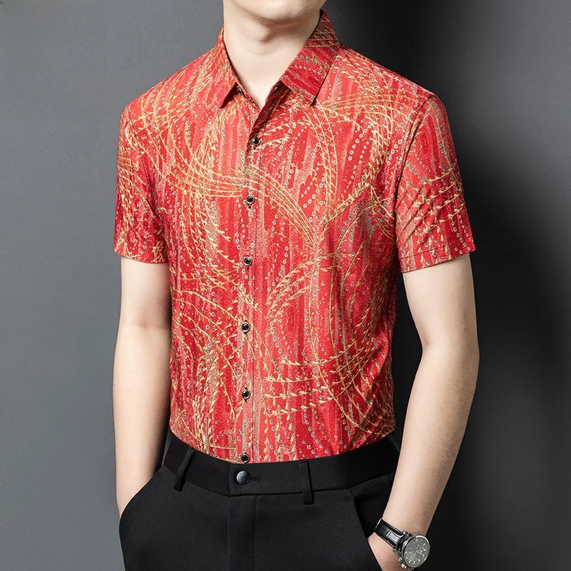 

Legend Paul Printed Silk Men's irt ort Sve Summer Faion Ci Sle Dad Clothes Stand Fit Ice Silk Button down