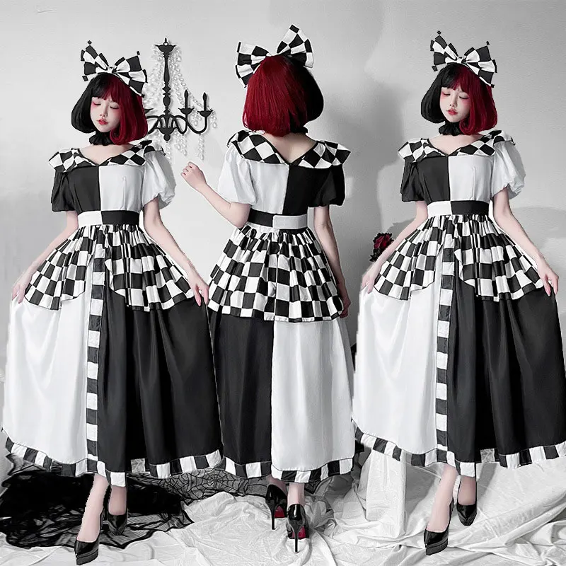 

Halloween Clown Circus Costume for Adult Outfit Women Cosplay Clown Role Play Plaid Uniform Fancy Party Dress