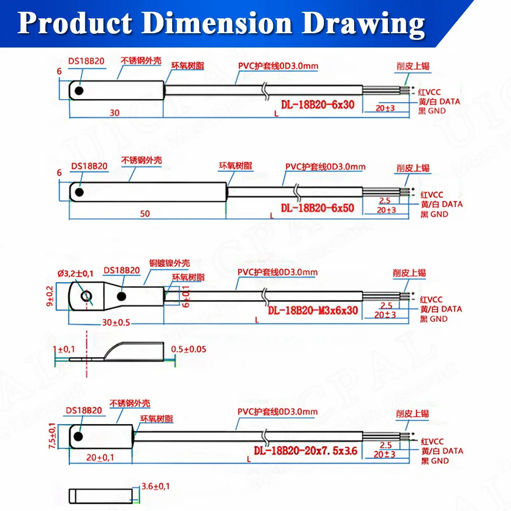 DS18B20 Temperature Sensor Probe 304 Stainless Steel 6*30MM OD 3.0MM Waterproof Dustproof Sensors Cable 1M Length