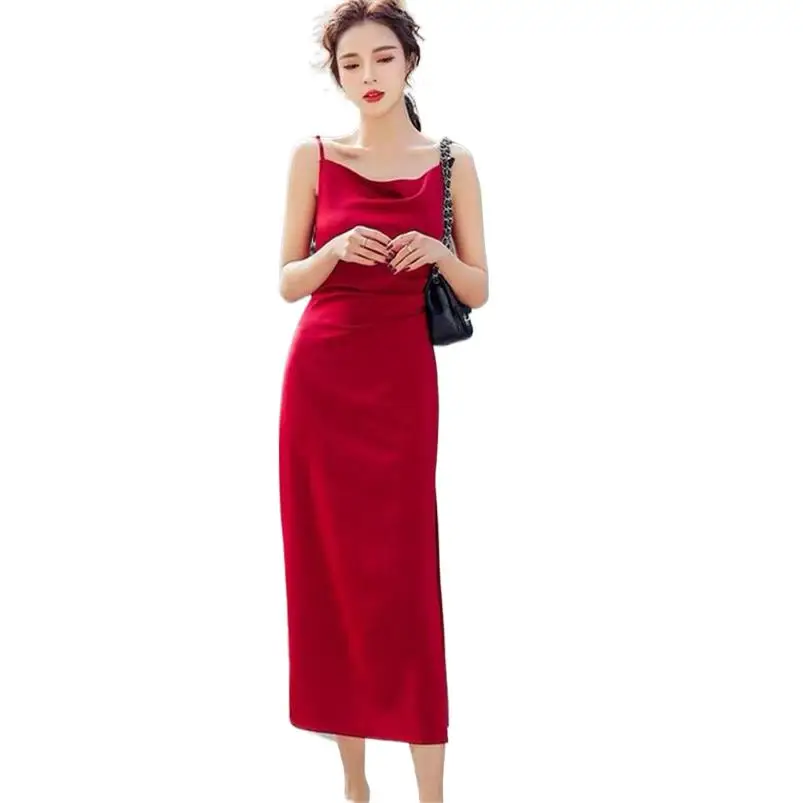 

Black Solid Satin Elegant A-Line Dress Women 2024 Summer Sexy Club Vestidos Soft Ice Silk Spaghetti Strap Dresses Evening Dress