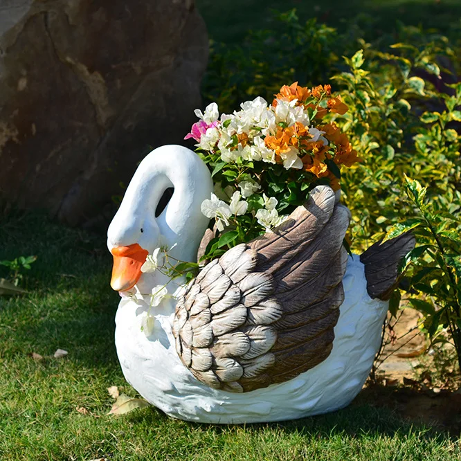 

Garden Goose Fountain Statue Outdoor Animal Flower Pot Patio Flowing Ornaments Hotel Landscape Bonsai Display Rustic Planter