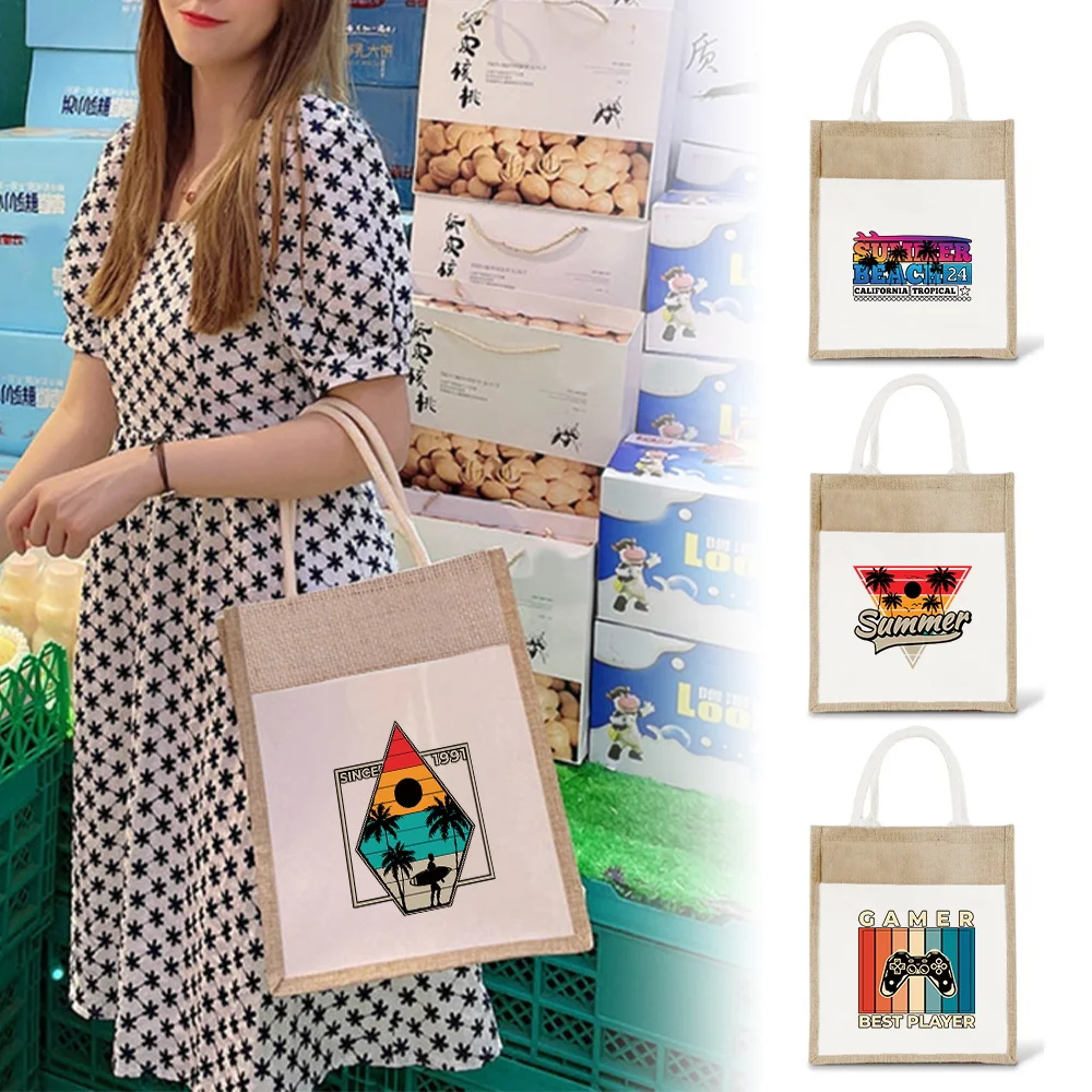 

Reusable Shopping Bag Vintage Tote Bag Holiday Pattern Large Capacity Grocery Bags Lightweight Beach Organizers Handbags