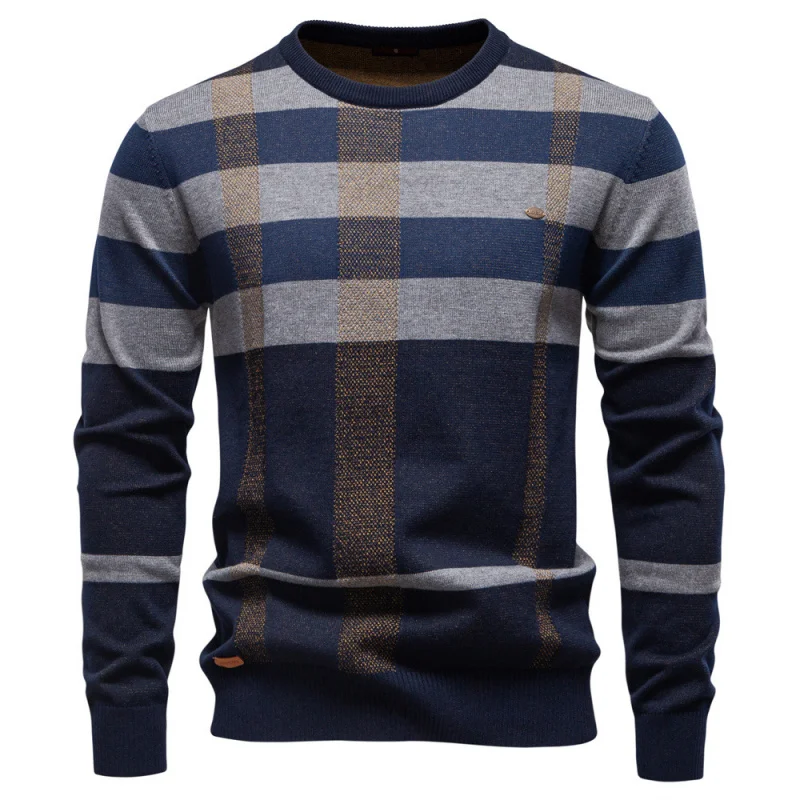 

2025Autumn Winter New European Size Men's Crew Neck Sweater Fashion Plaid Trendy Men's Business Casual Sweater