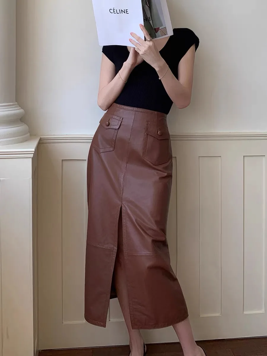 Spring Women Genuine Leather Long Skirt Sheepskin Pocket Wrap Mid Length Front Slit Mid Calf Long Skirts for Women Harajuku