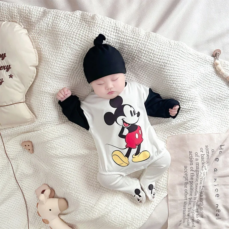 New Spring Autumn Baby Girl Boy Bodysuit Sets Long Sleeves Mickey Mouse, Donald Duck, Flying Elephant Jumpsuit Leggings Cap K892