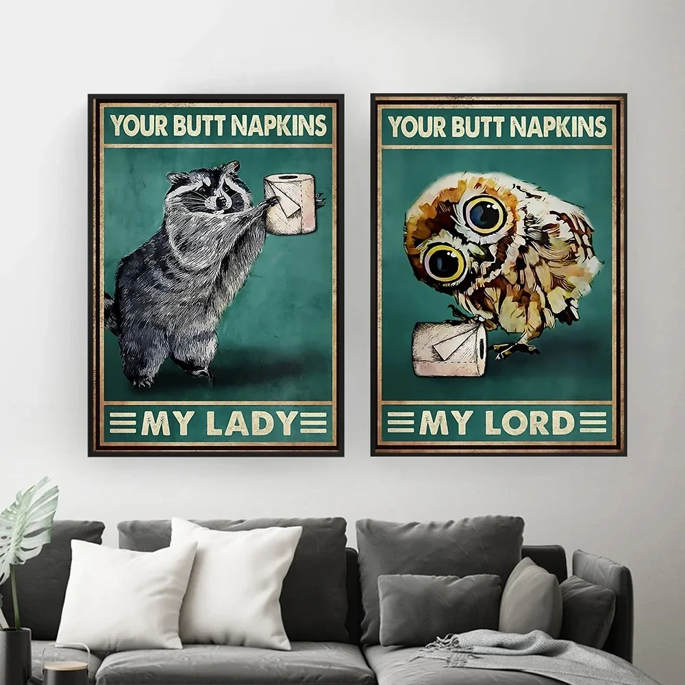 Funny Racoon Cat Owl Paper Bathroom Poster and Print Wall Art Print Canvas Painting Nordic Vintage Home Decor Hanging
