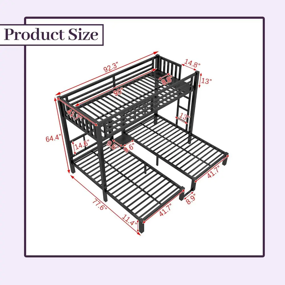 Twin XL Over Twin Over Twin Convertible Bunk Bed with LED,Metal Triple Bunk Bed or 3 Kids with Charge Station and Guardrails and view 2