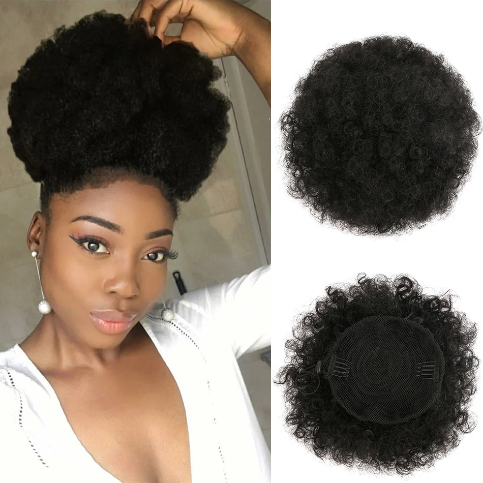 كعكة الشعر الاصطناعية الكبيرة الأفرو نفخة مجعد العقدة الرباط ذيل حصان طبيعي أسود هيربيسي كليب في ملحقات أوبدو للنساء