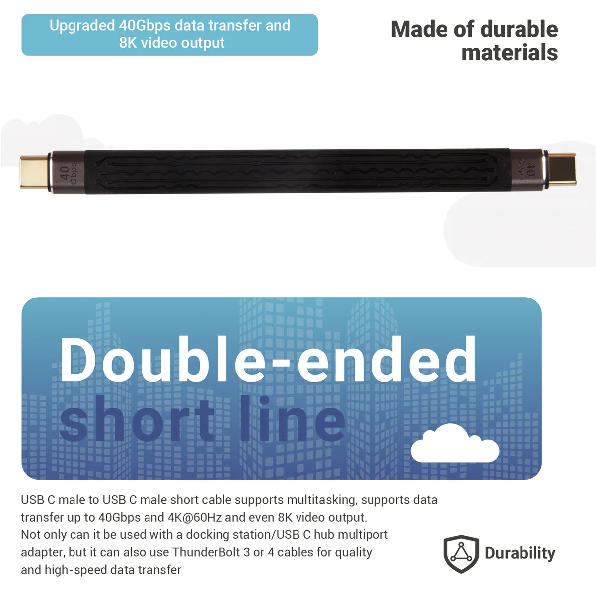 Fast Charging Data Cable 40GB Double-Ended Flexible Ultra-Short Cable, C Short Cable USB C Male to USB C Male FPC Design-Grocery