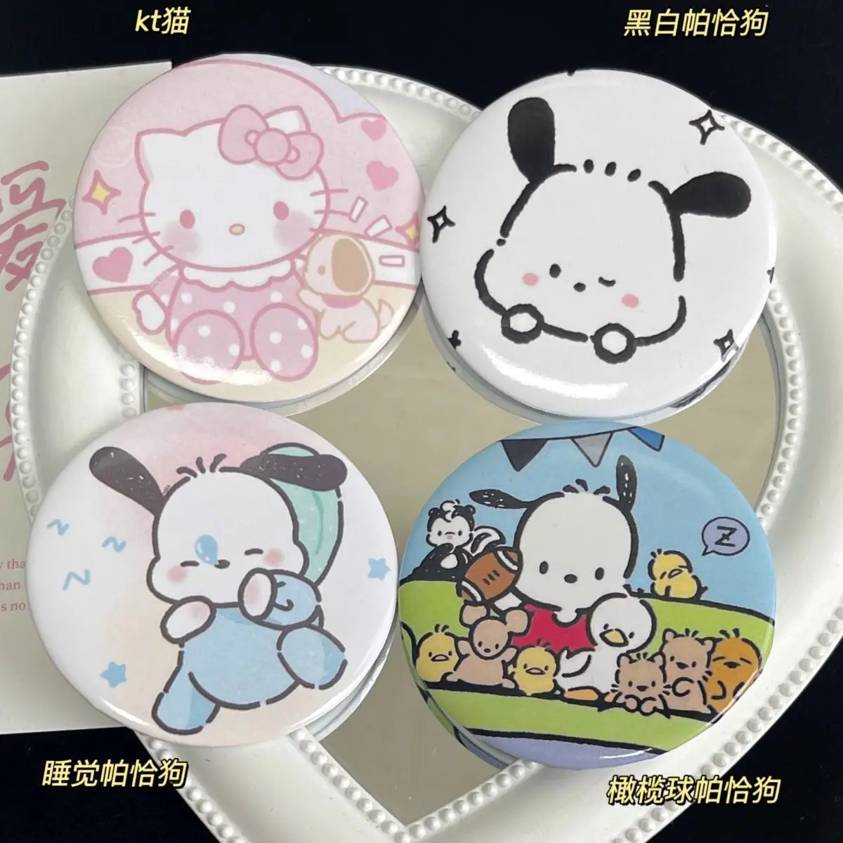 Sanrio Anime Round Mirror Hello Kitty Pochacco Cartoon Cute Makeup Mirror Women Students Trip Travel Portable Mini Round Mirror