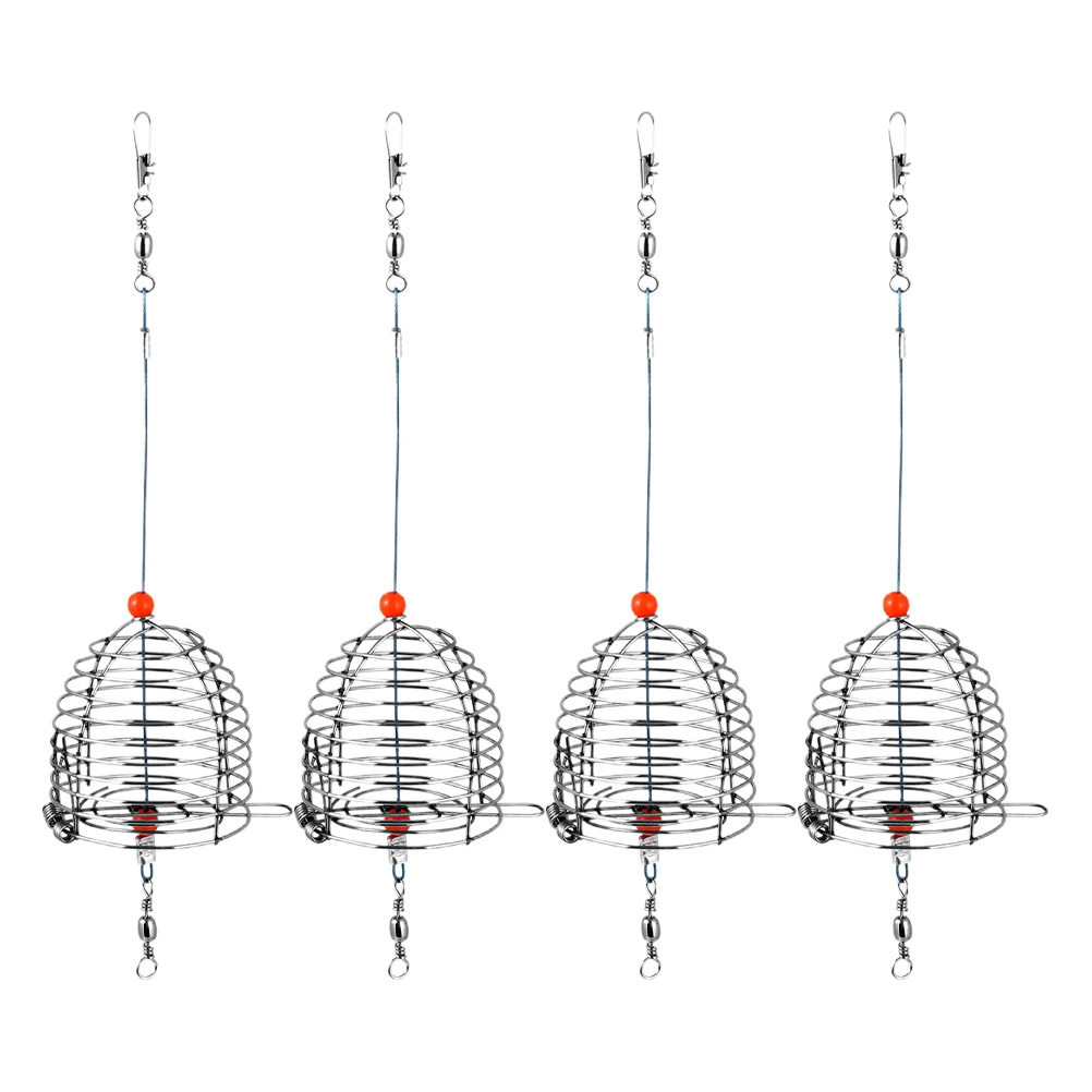 

4pcs Stainless Steel Portable Tackle Fishing Bait Cage 3 Sizes Spring Lid Fishing Trap Basket Better Catching Effect