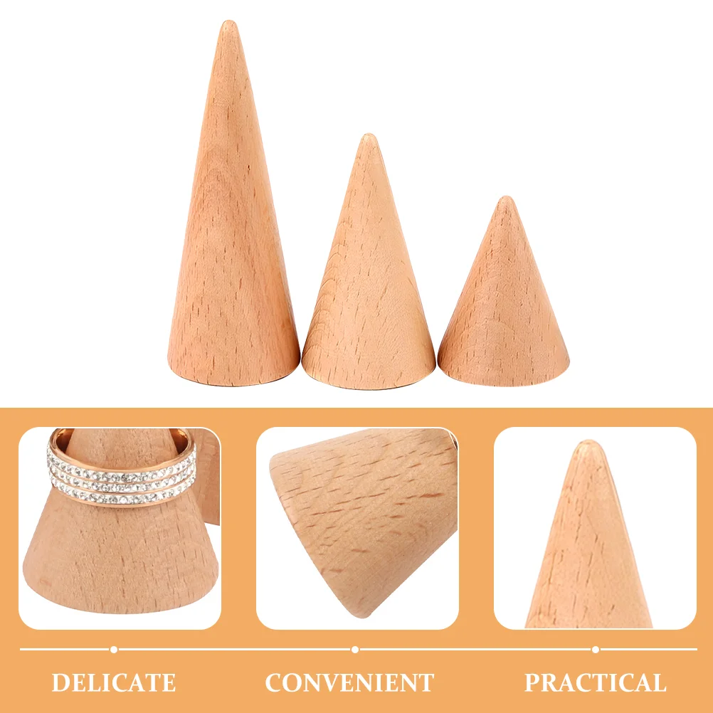 3 Pcs Ring Display Base Finger Stand Showcase Holder Desktop Rings Cones Support Rack Holders Jewelry Organizer Wooden