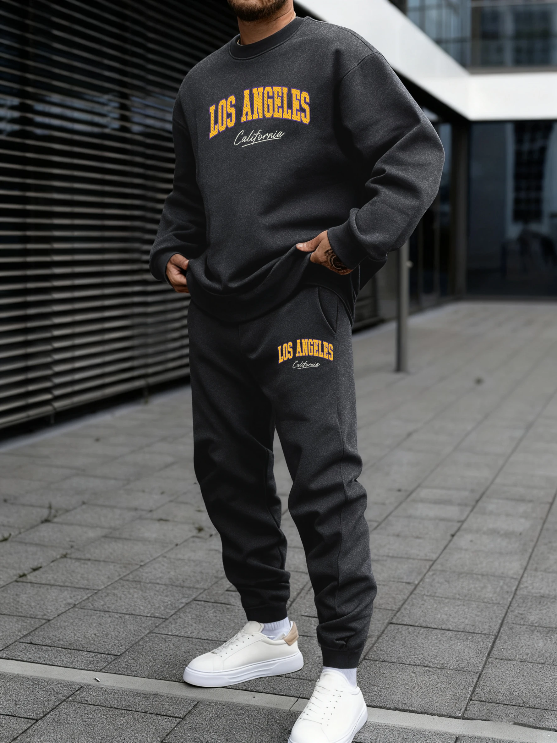 

California Letter Creative Print Men Sweatshirt Suit O-Neck Soft Pullovers Casual Comfy Sweatpants Autumn Jogging 2 Piece Set