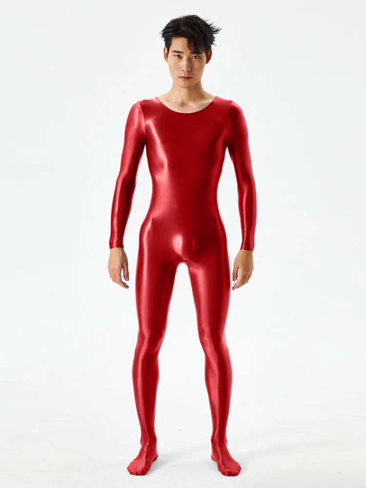 Sexy Men Full Body Bodysuit High Elasitc Clubwear Sheer Smooth Pants Oil Gloosy Shiny Sexy Tight Shaping Candy Color Jumpsuit