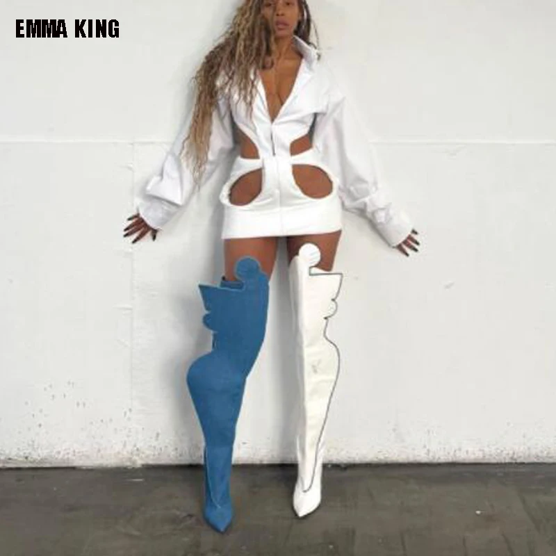 Women Boots Pointy Toe Punk High Thin Heels Over The Knee Boots Autumn New Style Blue Jeans Long Boots Party Shoes 44