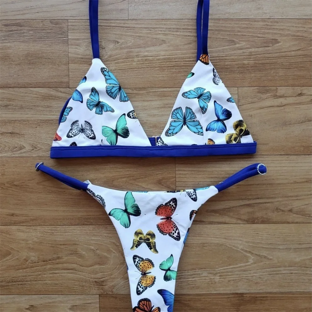 Maillot de bain triangle deux pièces pour femme, bikini papillon plus riche comme maillot de bain dos nu, string bleu, maillots de bain Y2K, tenue de plage trempée, vêtements de vacances